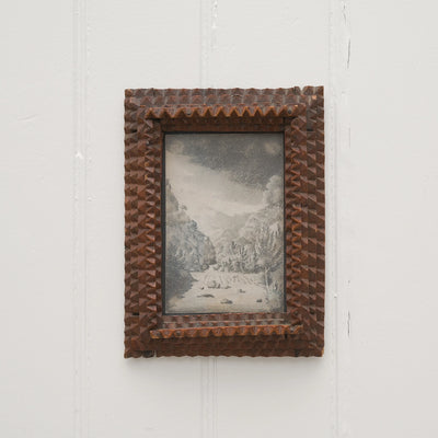 19th Century Graphite Drawing in Tramp Art Frame